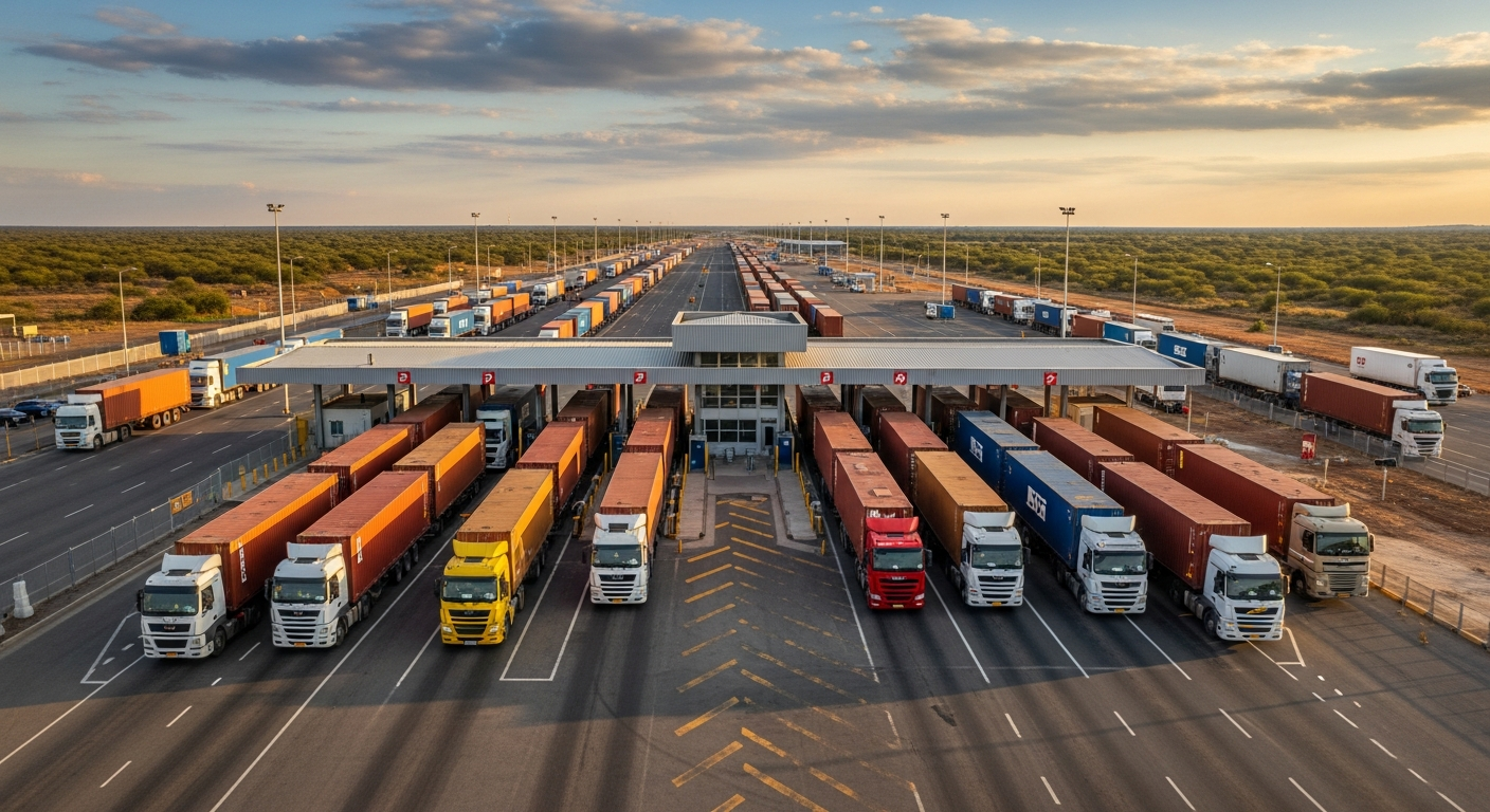 Busy border crossing checkpoint with cargo trucks lined up across Southern Africa