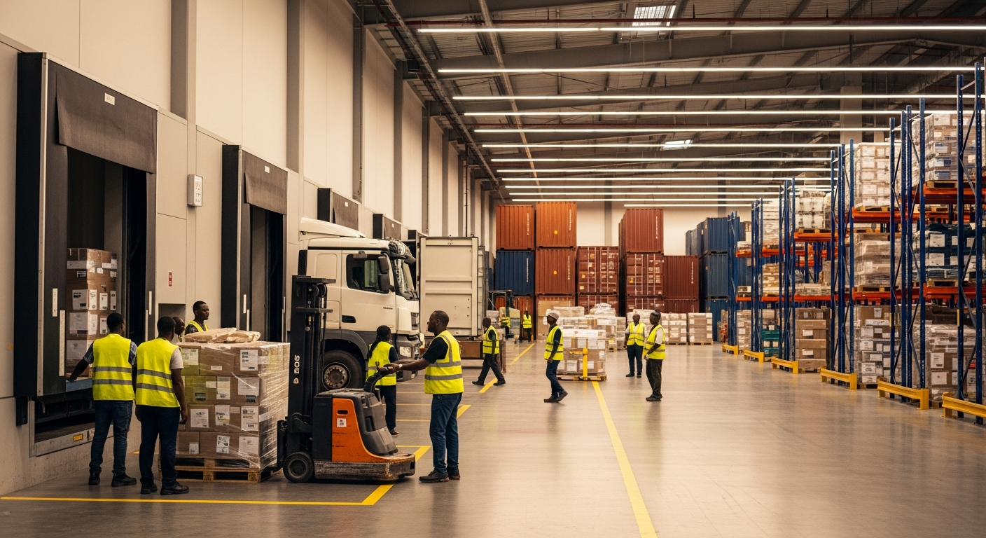 Modern logistics warehouse with workers loading cargo containers onto trucks